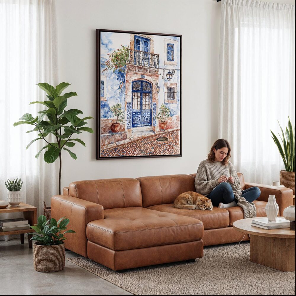 06 - Framed Streets of Lisbon Portugal Watercolor Canvas Print - Woman Knitting on leather couch - Vertical.jpg 06 - Framed Streets of Lisbon Portugal Watercolor Canvas Print - Woman Knitting on leather couch - Vertical.jpg