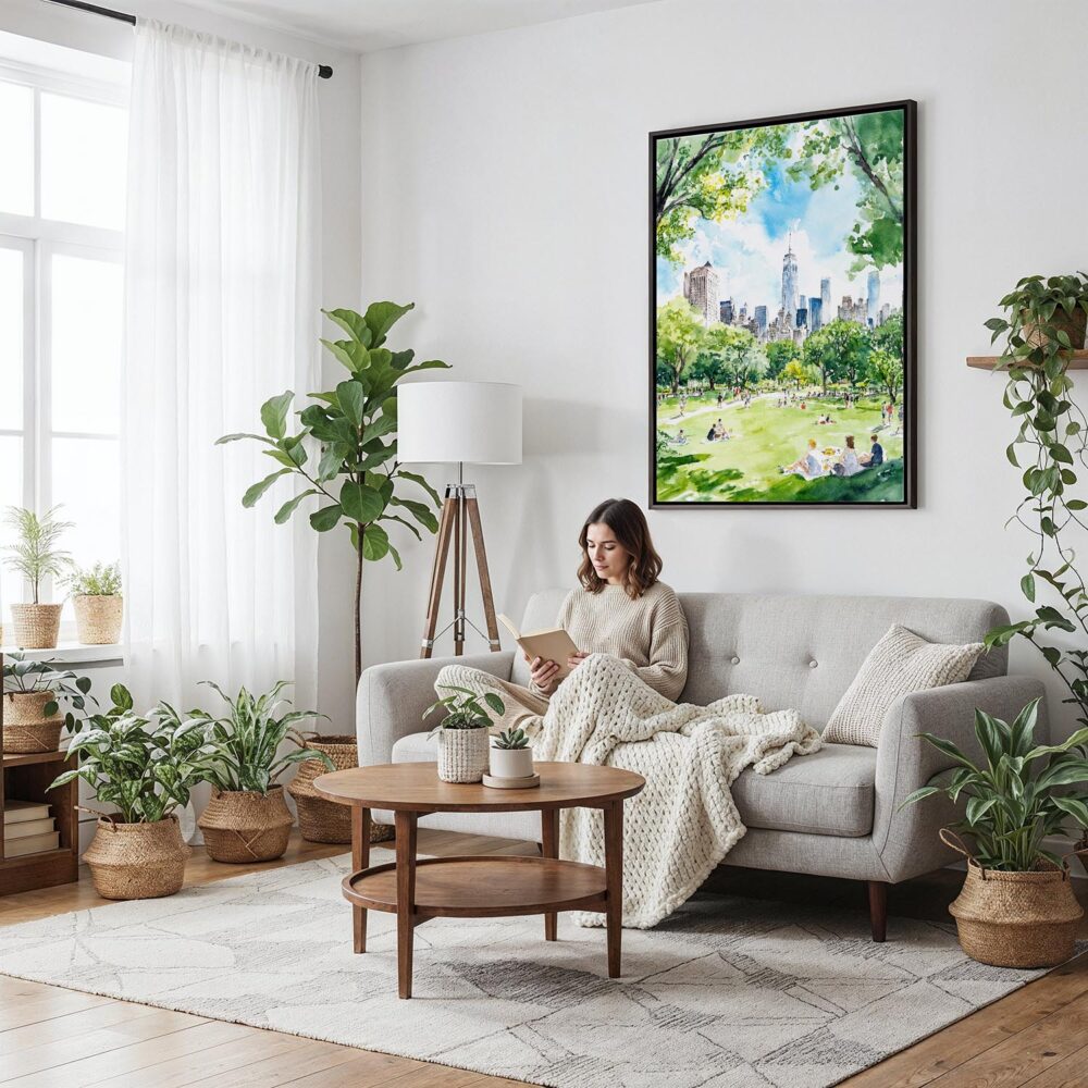 06 - Framed Summer in New York Central Park Watercolor Canvas Print - Woman reading on couch - Vertical.jpg 06 - Framed Summer in New York Central Park Watercolor Canvas Print - Woman reading on couch - Vertical.jpg