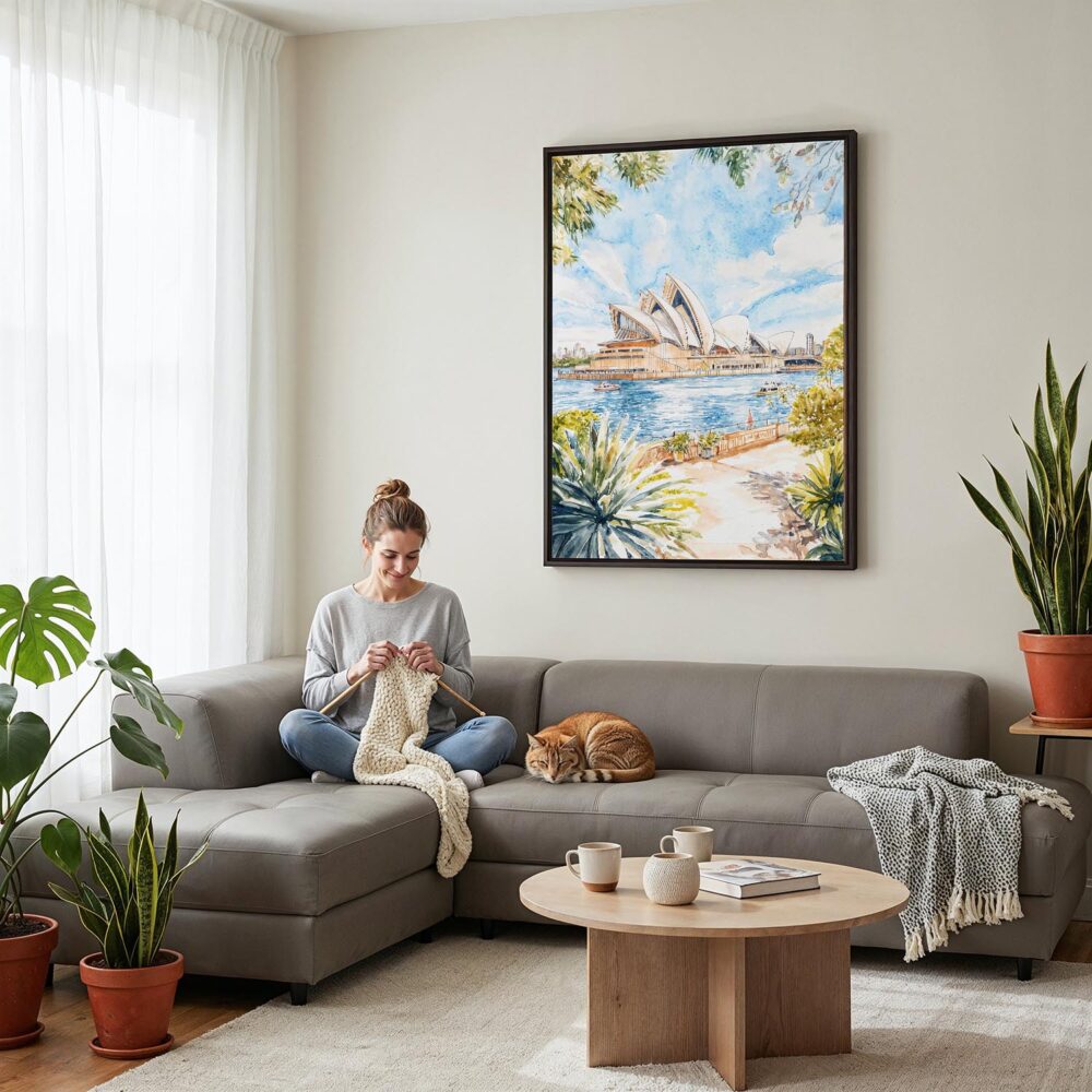 06 - Framed Sydney Australia Opera House Watercolor Canvas Print - Woman Knitting on grey couch - Vertical.jpg 06 - Framed Sydney Australia Opera House Watercolor Canvas Print - Woman Knitting on grey couch - Vertical.jpg