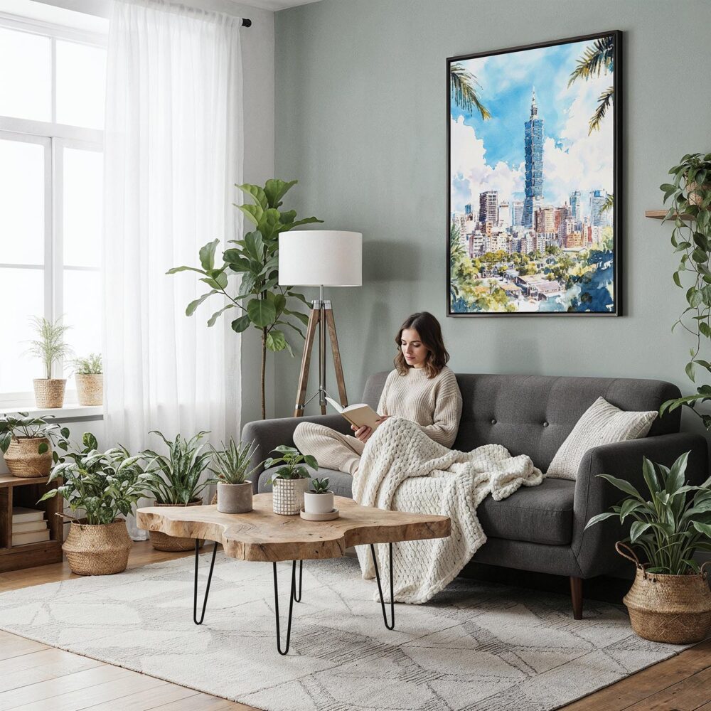 06 - Framed Taipei Watercolor Canvas Print - Woman reading in Boho Living Room - Vertical.jpg 06 - Framed Taipei Watercolor Canvas Print - Woman reading in Boho Living Room - Vertical.jpg