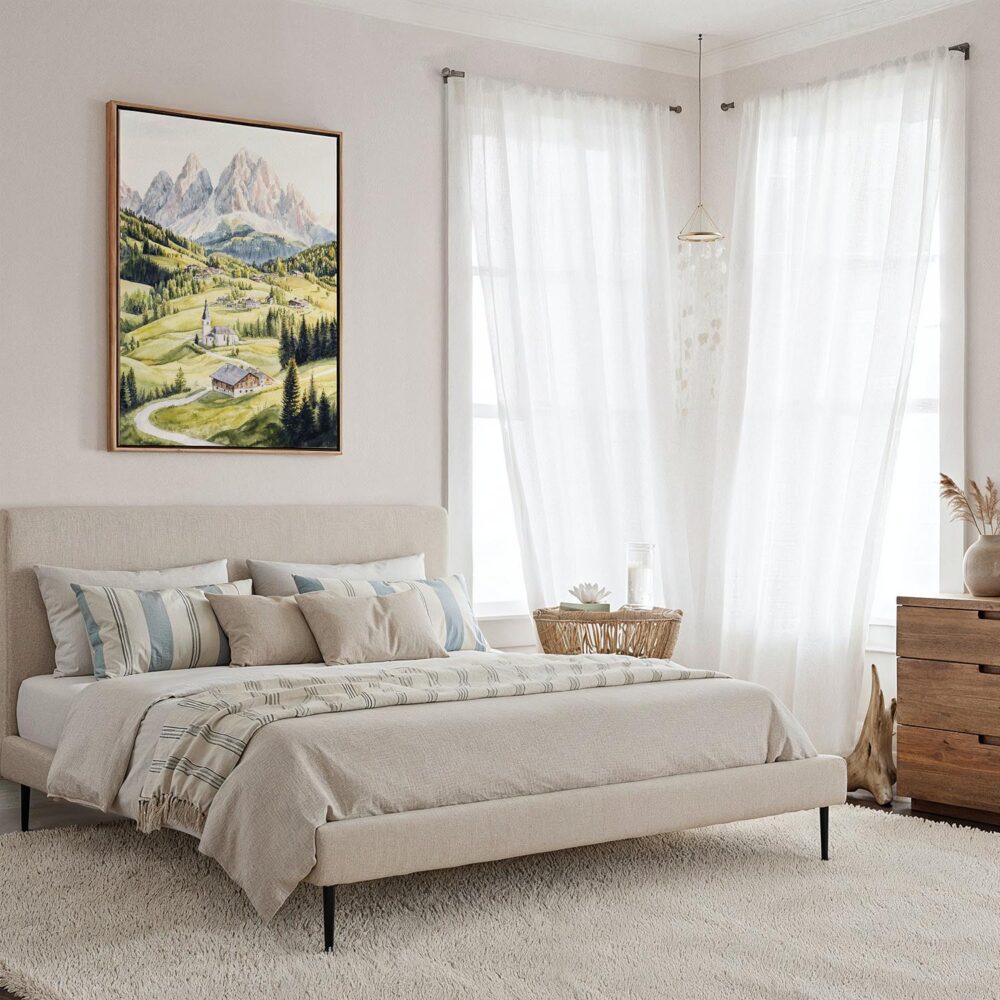 06 - Framed The Dolomites Watercolor Canvas Print - Coastal Bedroom - Vertical.jpg 06 - Framed The Dolomites Watercolor Canvas Print - Coastal Bedroom - Vertical.jpg