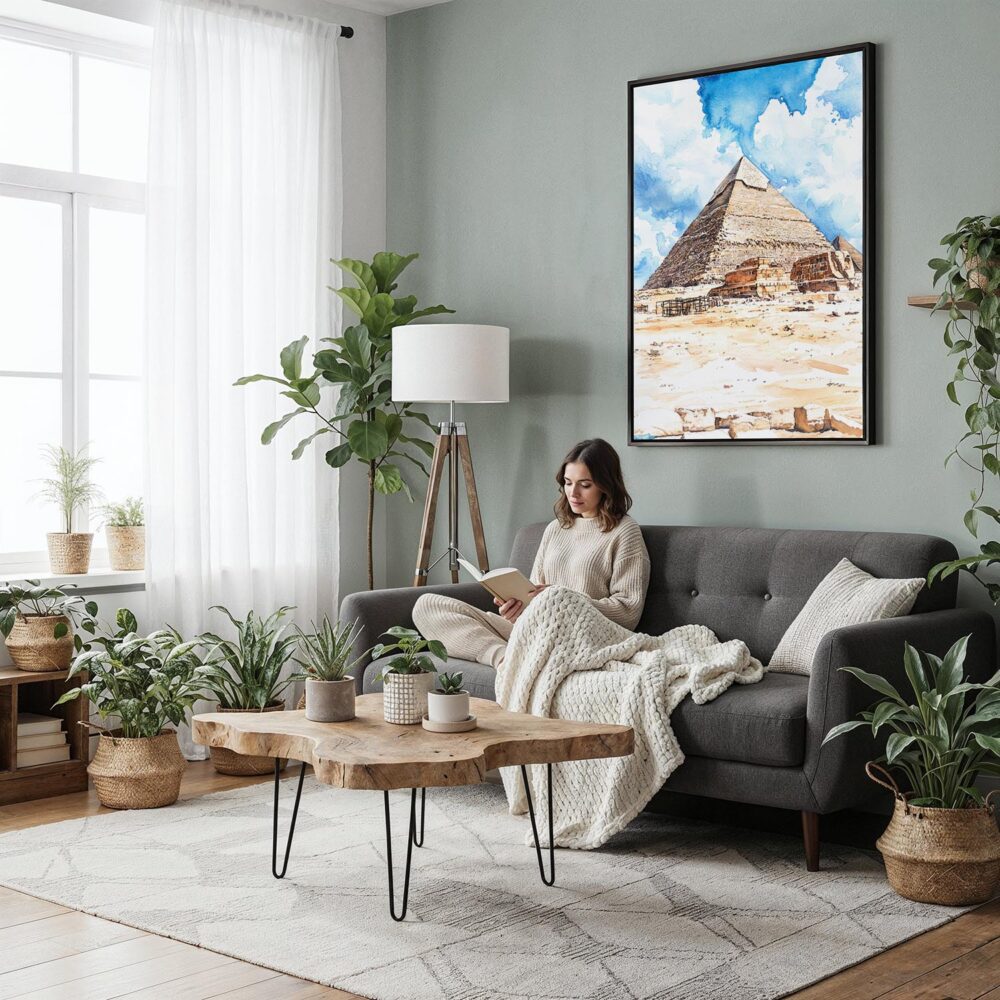 06 - Framed The Pyramids of Giza Watercolor Canvas Print - Woman reading in Boho Living Room - Vertical.jpg 06 - Framed The Pyramids of Giza Watercolor Canvas Print - Woman reading in Boho Living Room - Vertical.jpg