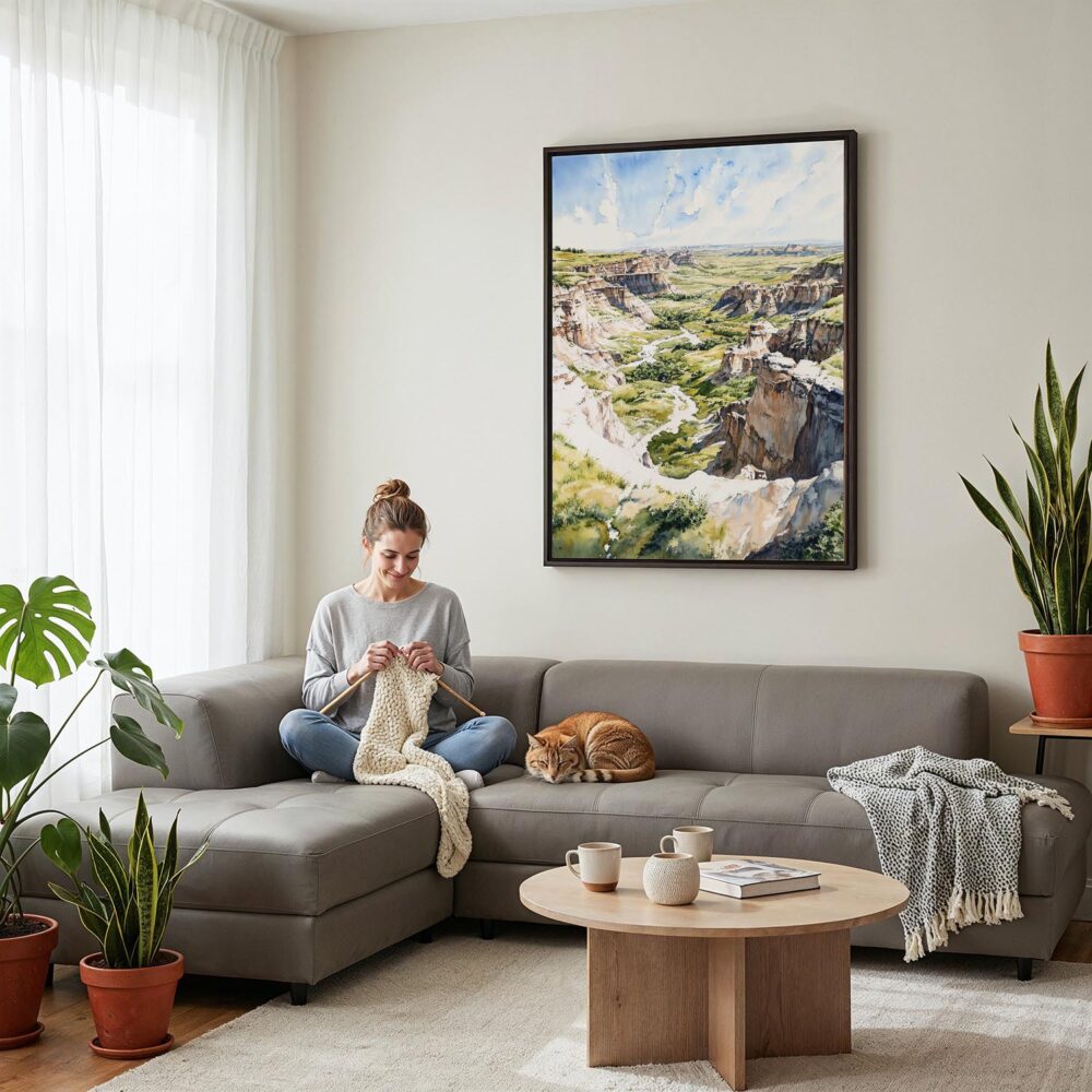 06 - Framed Theodore Roosevelt National Park Watercolor Canvas Print - Woman Knitting on grey couch - Vertical.jpg 06 - Framed Theodore Roosevelt National Park Watercolor Canvas Print - Woman Knitting on grey couch - Vertical.jpg