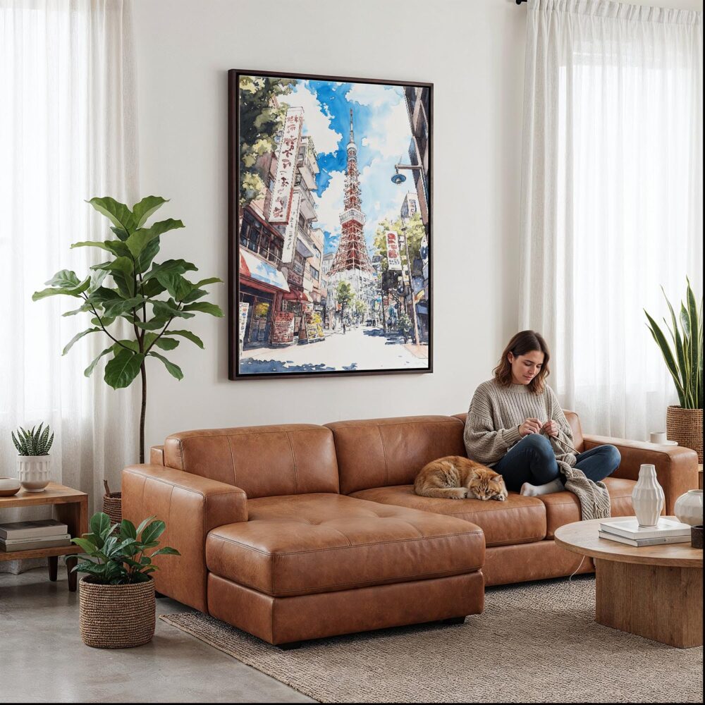 06 - Framed Tokyo Tower - Watercolor Canvas Print - Woman Knitting on leather couch - Vertical.jpg 06 - Framed Tokyo Tower - Watercolor Canvas Print - Woman Knitting on leather couch - Vertical.jpg