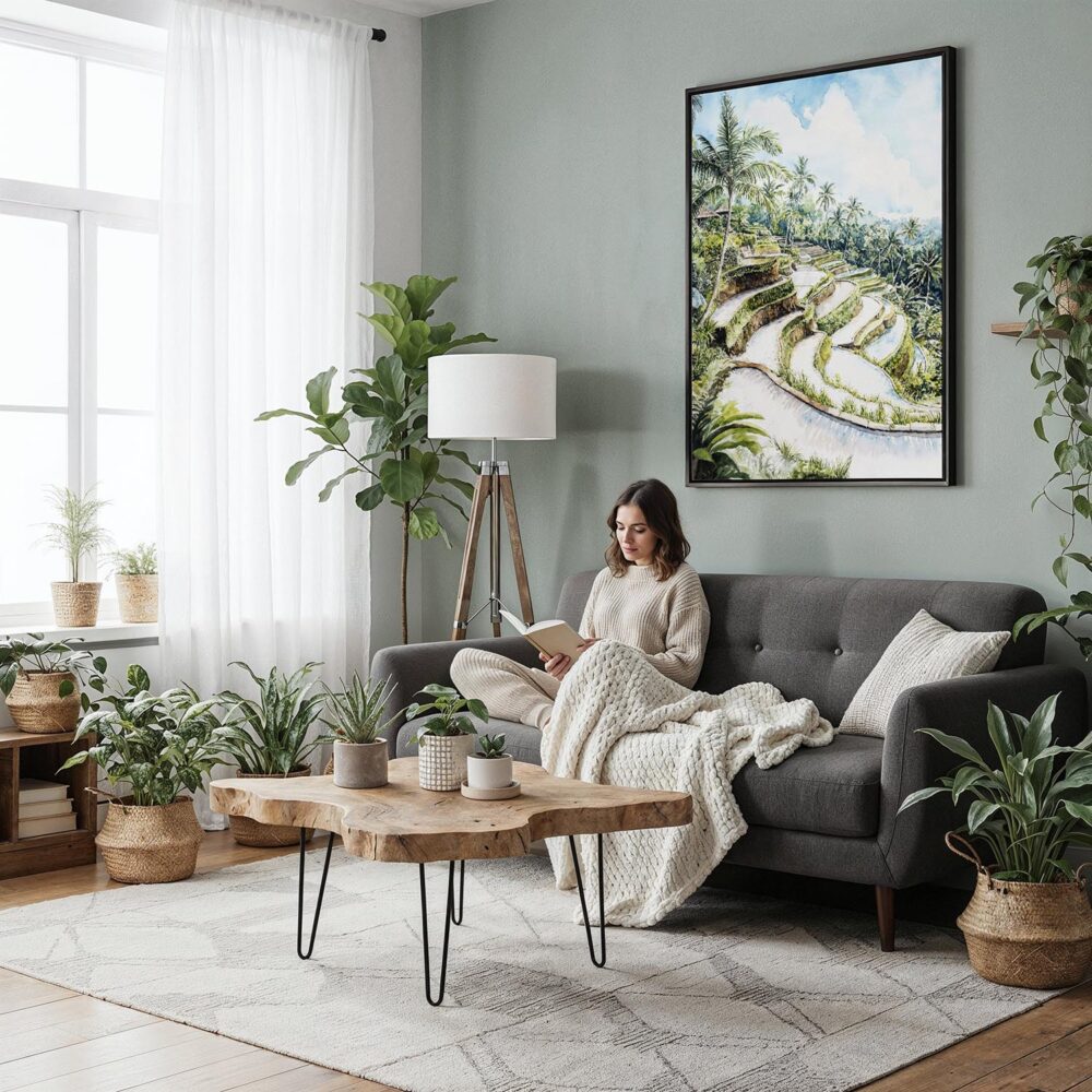 06 - Framed Ubud Bali Watercolor Canvas Print - Woman reading in Boho Living Room - Vertical.jpg 06 - Framed Ubud Bali Watercolor Canvas Print - Woman reading in Boho Living Room - Vertical.jpg