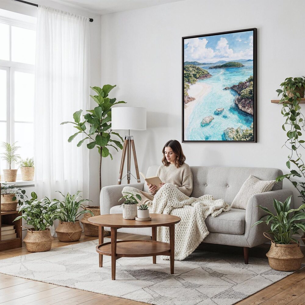 06 - Framed Virgin Islands National Park Watercolor Canvas Print - Woman reading on couch - Vertical.jpg 06 - Framed Virgin Islands National Park Watercolor Canvas Print - Woman reading on couch - Vertical.jpg