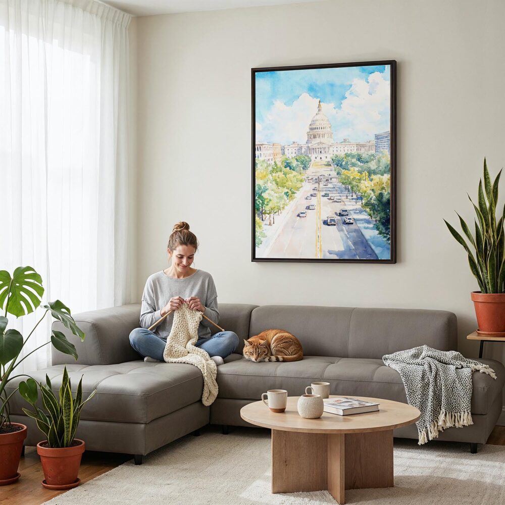 06 - Framed Washington DC Watercolor Canvas Print - Woman Knitting on grey couch - Vertical.jpg 06 - Framed Washington DC Watercolor Canvas Print - Woman Knitting on grey couch - Vertical.jpg