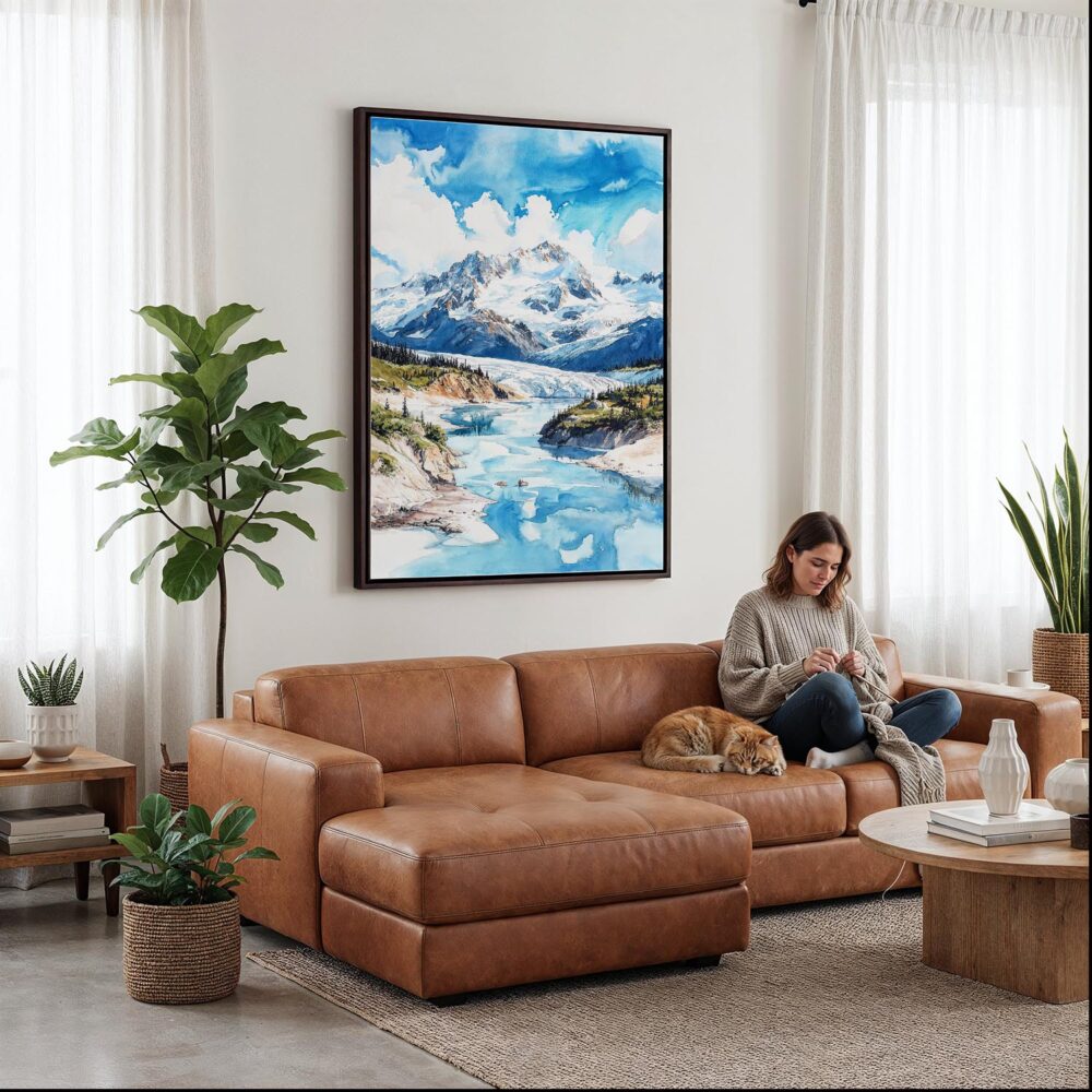06 - Framed Wrangell-St. Elias National Park Watercolor Canvas Print - Woman Knitting on leather couch - Vertical.jpg 06 - Framed Wrangell-St. Elias National Park Watercolor Canvas Print - Woman Knitting on leather couch - Vertical.jpg