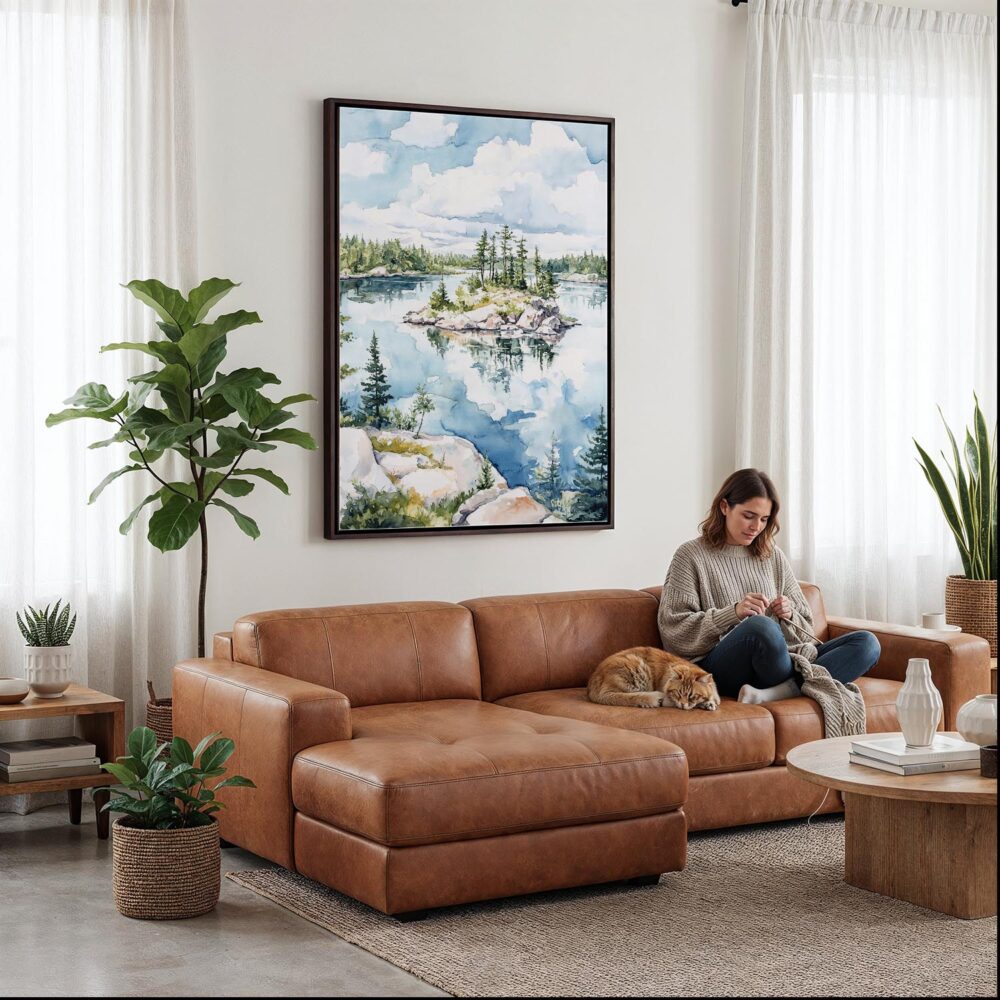 06 - Framed voyageurs national park watercolor Canvas Print - Woman Knitting on leather couch - Vertical.jpg 06 - Framed voyageurs national park watercolor Canvas Print - Woman Knitting on leather couch - Vertical.jpg