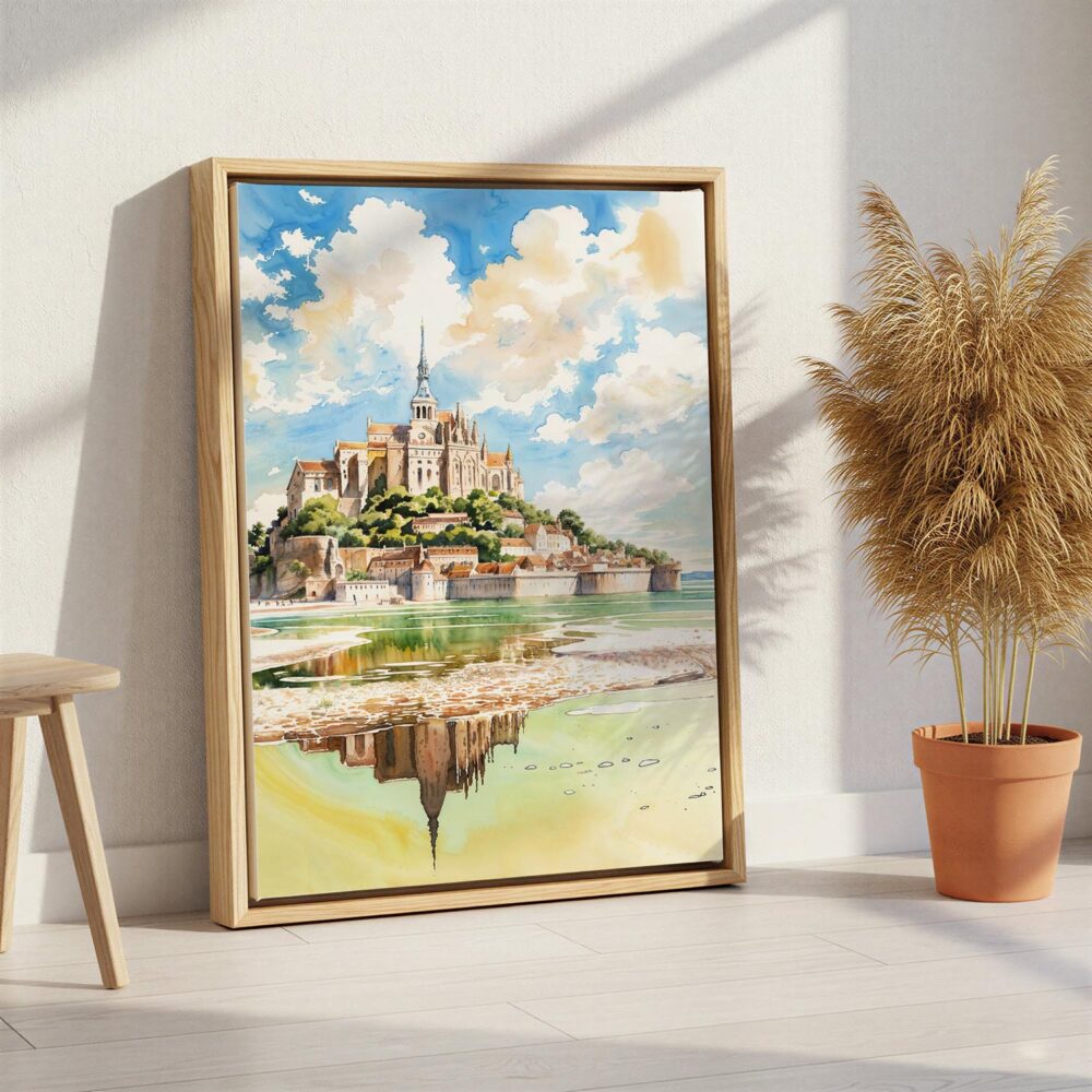 06 - France Mont Saint Michel Watercolor Canvas Print with Natural Floater Frame - Standing on Floor - Vertical.jpg 06 - France Mont Saint Michel Watercolor Canvas Print with Natural Floater Frame - Standing on Floor - Vertical.jpg