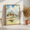 06 - France Mont Saint Michel Watercolor Canvas Print with Natural Floater Frame - Standing on Floor - Vertical.jpg