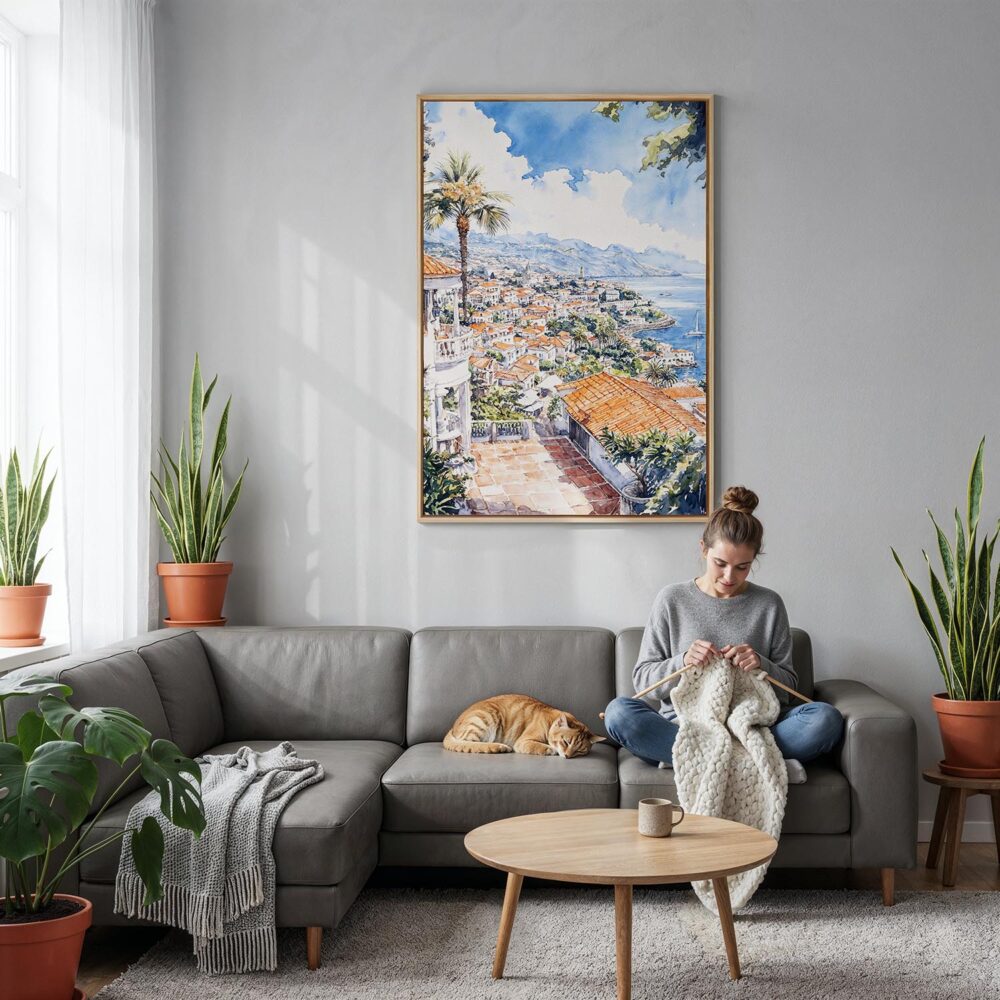 06 - Funchal - Watercolor Canvas Print with Natural Floater Frame - Woman Knitting on grey couch - Vertical.jpg 06 - Funchal - Watercolor Canvas Print with Natural Floater Frame - Woman Knitting on grey couch - Vertical.jpg