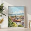 06 - Geneva Switzerland Watercolor Canvas Print with White Floater Frame - Standing on Floor - Vertical.jpg
