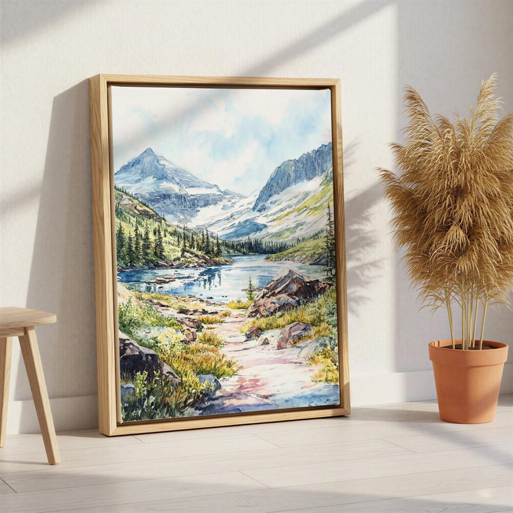 06 - Glacier National Park Watercolor Canvas Print with Natural Floater Frame - Standing on Floor - Vertical.jpg 06 - Glacier National Park Watercolor Canvas Print with Natural Floater Frame - Standing on Floor - Vertical.jpg