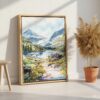 06 - Glacier National Park Watercolor Canvas Print with Natural Floater Frame - Standing on Floor - Vertical.jpg