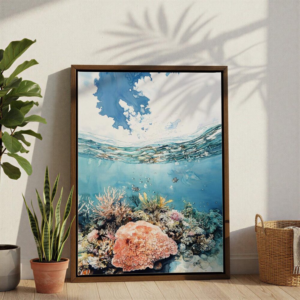 06 - Great Barrier Reef Watercolor Canvas Print with Brown Floater Frame - Standing on Floor - Vertical.jpg 06 - Great Barrier Reef Watercolor Canvas Print with Brown Floater Frame - Standing on Floor - Vertical.jpg