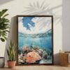 06 - Great Barrier Reef Watercolor Canvas Print with Brown Floater Frame - Standing on Floor - Vertical.jpg