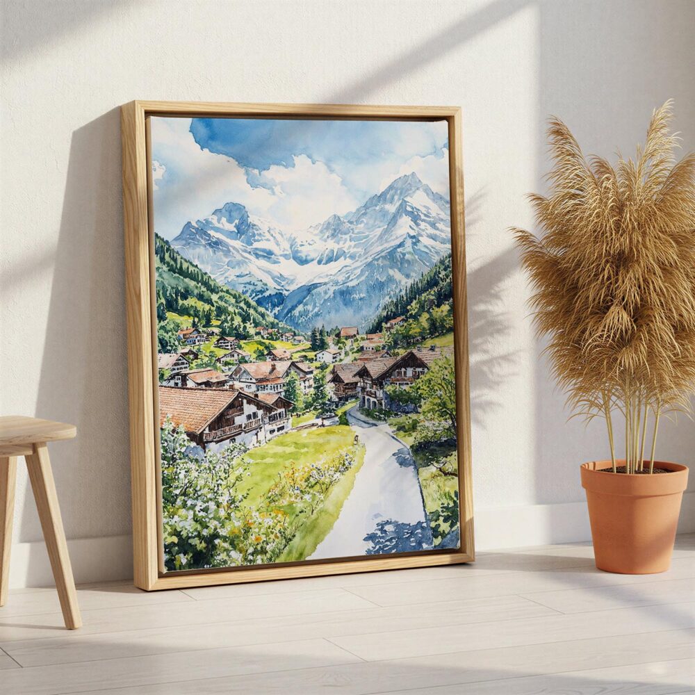 06 - Grindelwald Switzerland Watercolor Canvas Print with Natural Floater Frame - Standing on Floor - Vertical.jpg 06 - Grindelwald Switzerland Watercolor Canvas Print with Natural Floater Frame - Standing on Floor - Vertical.jpg