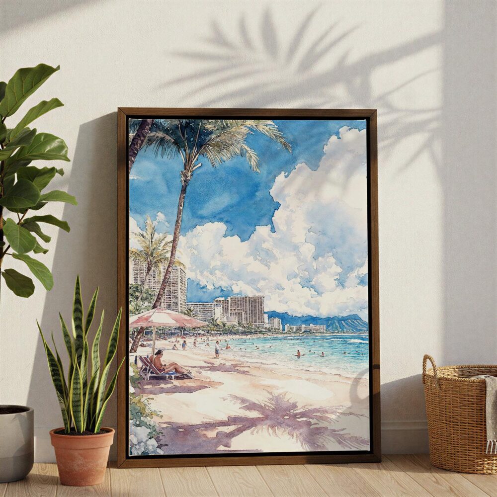 06 - Hawaii Honolulu Waikiki - Watercolor Canvas Print with Brown Floater Frame - Standing on Floor - Vertical.jpg 06 - Hawaii Honolulu Waikiki - Watercolor Canvas Print with Brown Floater Frame - Standing on Floor - Vertical.jpg