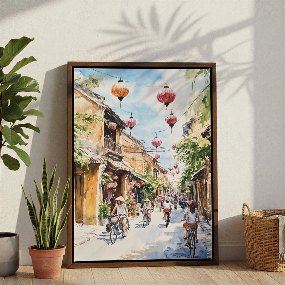 06 - Hoi An Vietnam Watercolor Canvas Print with Brown Floater Frame - Standing on Floor - Vertical.jpg 06 - Hoi An Vietnam Watercolor Canvas Print with Brown Floater Frame - Standing on Floor - Vertical.jpg