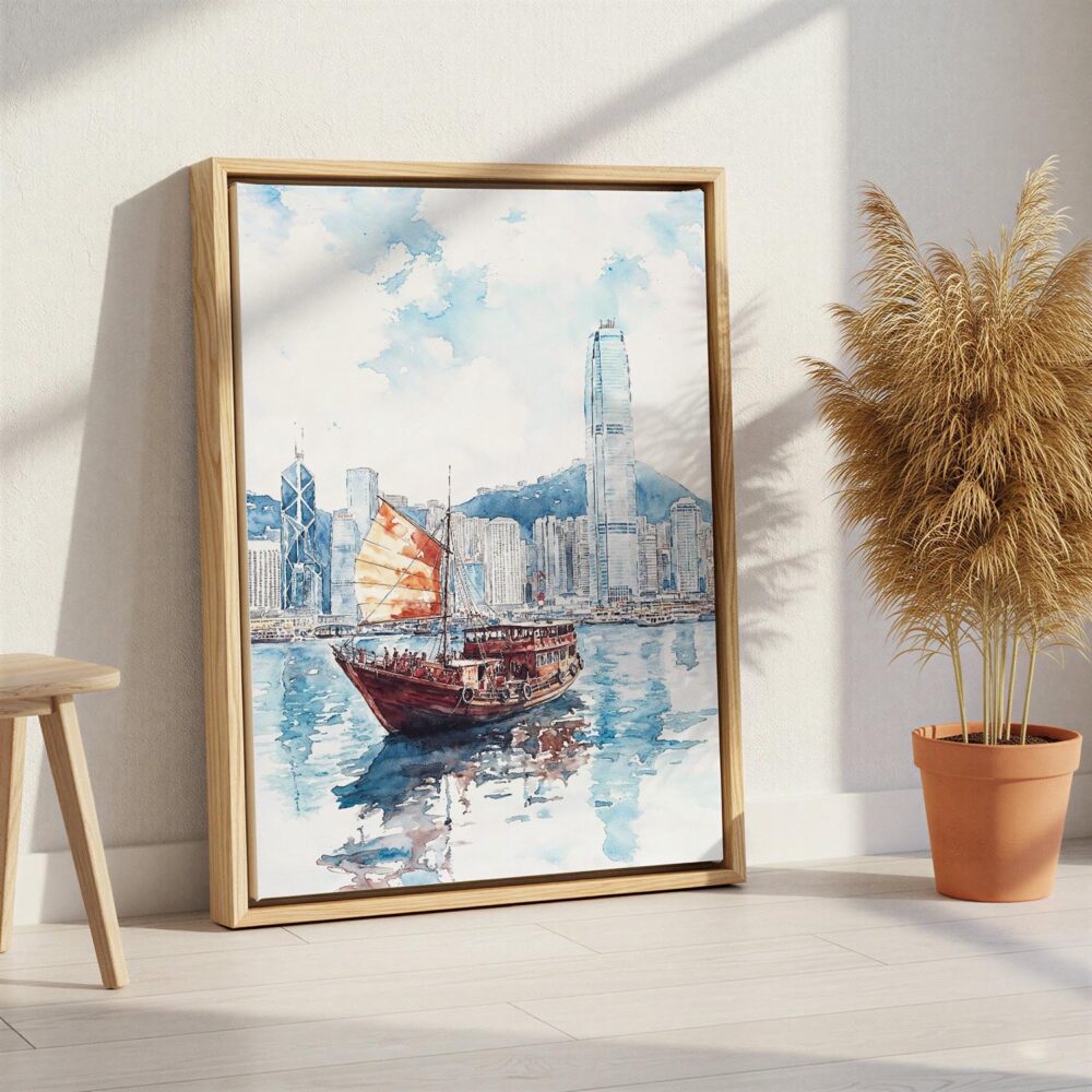 06 - Hong Kong Watercolor Canvas Print with Natural Floater Frame - Standing on Floor - Vertical.jpg 06 - Hong Kong Watercolor Canvas Print with Natural Floater Frame - Standing on Floor - Vertical.jpg