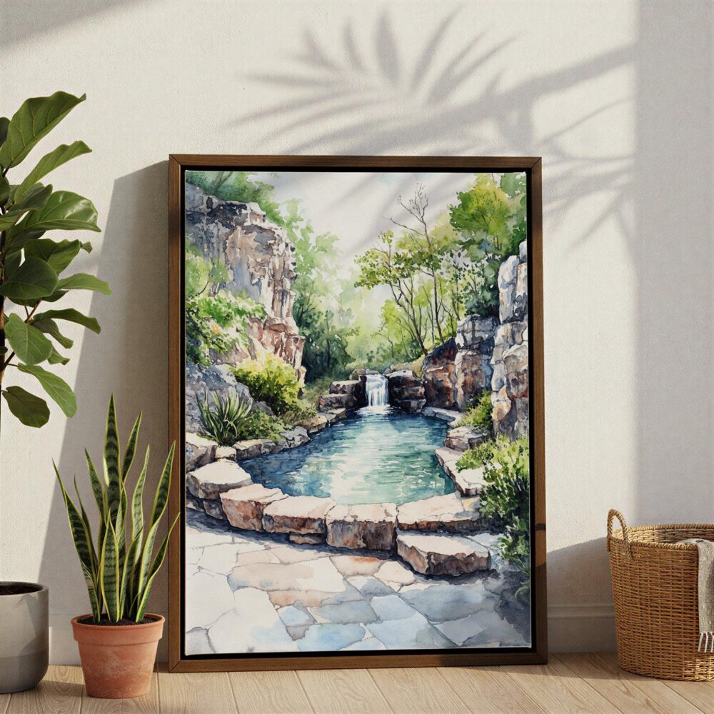 06 - Hot Springs National Park watercolor Canvas Print with Brown Floater Frame - Standing on Floor - Vertical.jpg 06 - Hot Springs National Park watercolor Canvas Print with Brown Floater Frame - Standing on Floor - Vertical.jpg