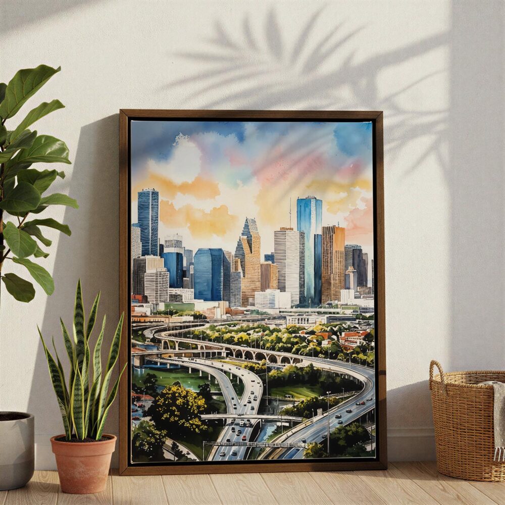 06 - Houston Texas Watercolor Canvas Print with Brown Floater Frame - Standing on Floor - Vertical.jpg 06 - Houston Texas Watercolor Canvas Print with Brown Floater Frame - Standing on Floor - Vertical.jpg