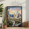 06 - Houston Texas Watercolor Canvas Print with Brown Floater Frame - Standing on Floor - Vertical.jpg