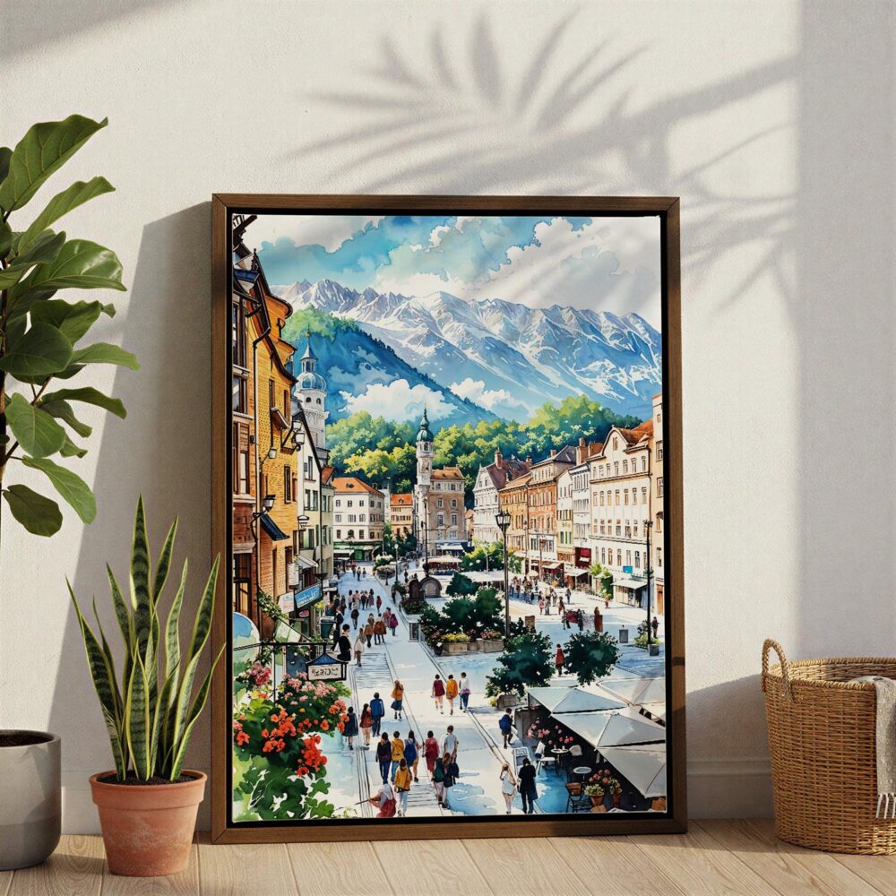 06 - Innsbruck Watercolor Canvas Print with Brown Floater Frame - Standing on Floor - Vertical.jpg 06 - Innsbruck Watercolor Canvas Print with Brown Floater Frame - Standing on Floor - Vertical.jpg