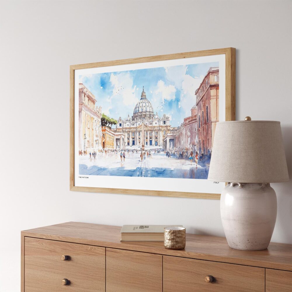 06 - Italy Vatican Watercolor - Horizontal Art Print in Natural Wood Frame Above Console.jpg 06 - Italy Vatican Watercolor - Horizontal Art Print in Natural Wood Frame Above Console.jpg