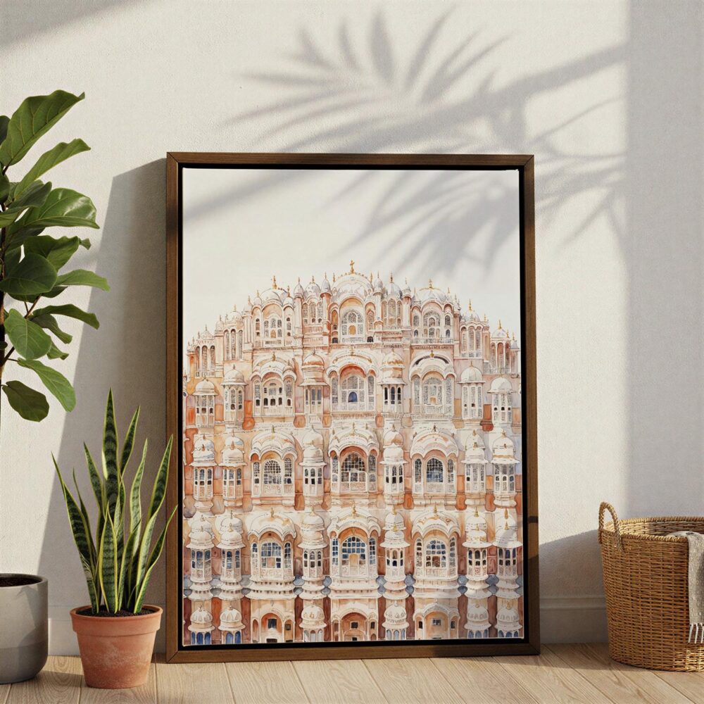 06 - Jaipur Palace of the winds Watercolor Canvas Print with Brown Floater Frame - Standing on Floor - Vertical.jpg 06 - Jaipur Palace of the winds Watercolor Canvas Print with Brown Floater Frame - Standing on Floor - Vertical.jpg