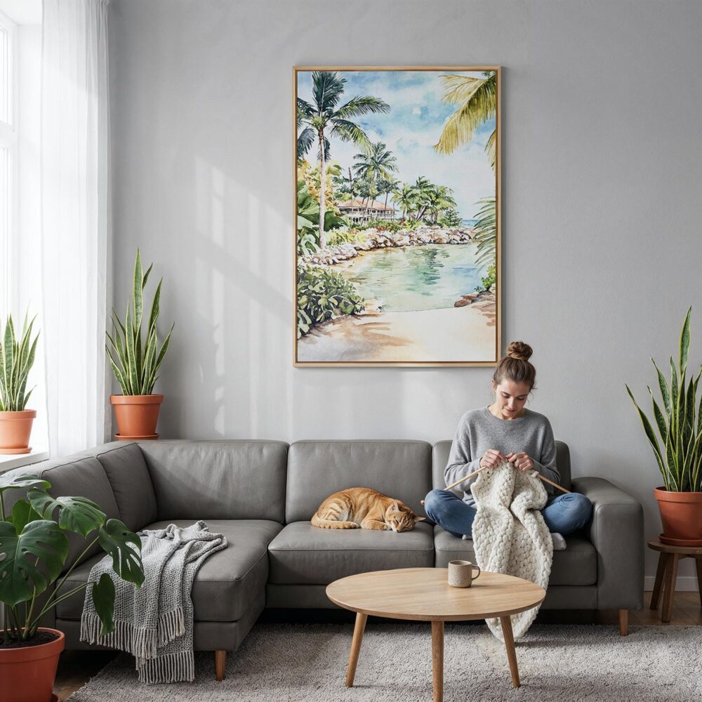 06 - Jamaica Caribbean Island Watercolor Canvas Print with Natural Floater Frame - Woman Knitting on grey couch - Vertical.jpg 06 - Jamaica Caribbean Island Watercolor Canvas Print with Natural Floater Frame - Woman Knitting on grey couch - Vertical.jpg
