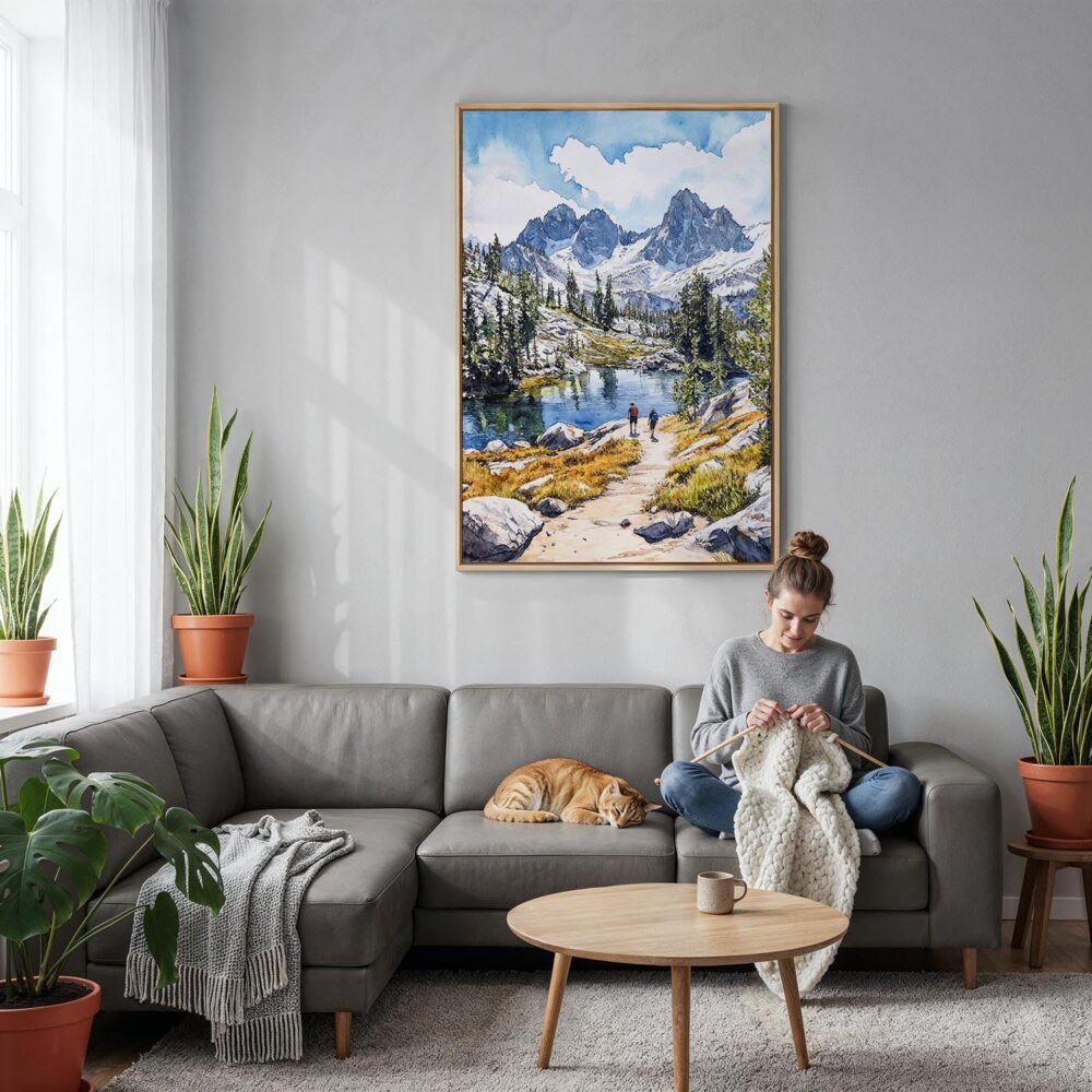 06 - Kings Canyon National Park Watercolor Canvas Print with Natural Floater Frame - Woman Knitting on grey couch - Vertical.jpg 06 - Kings Canyon National Park Watercolor Canvas Print with Natural Floater Frame - Woman Knitting on grey couch - Vertical.jpg