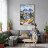 06 - Kings Canyon National Park Watercolor Canvas Print with Natural Floater Frame - Woman Knitting on grey couch - Vertical.jpg