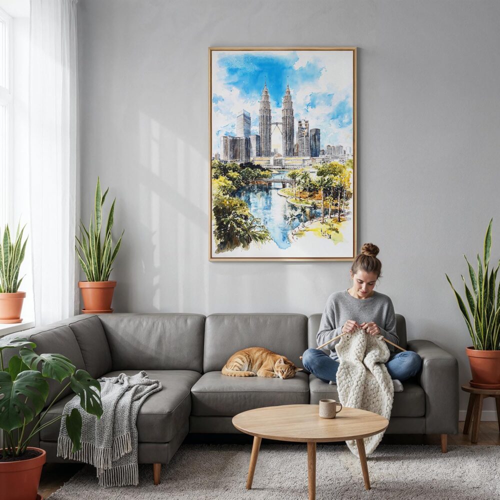 06 - Kuala Lumpur Watercolor Canvas Print with Natural Floater Frame - Woman Knitting on grey couch - Vertical.jpg 06 - Kuala Lumpur Watercolor Canvas Print with Natural Floater Frame - Woman Knitting on grey couch - Vertical.jpg
