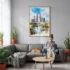 06 - Kuala Lumpur Watercolor Canvas Print with Natural Floater Frame - Woman Knitting on grey couch - Vertical.jpg