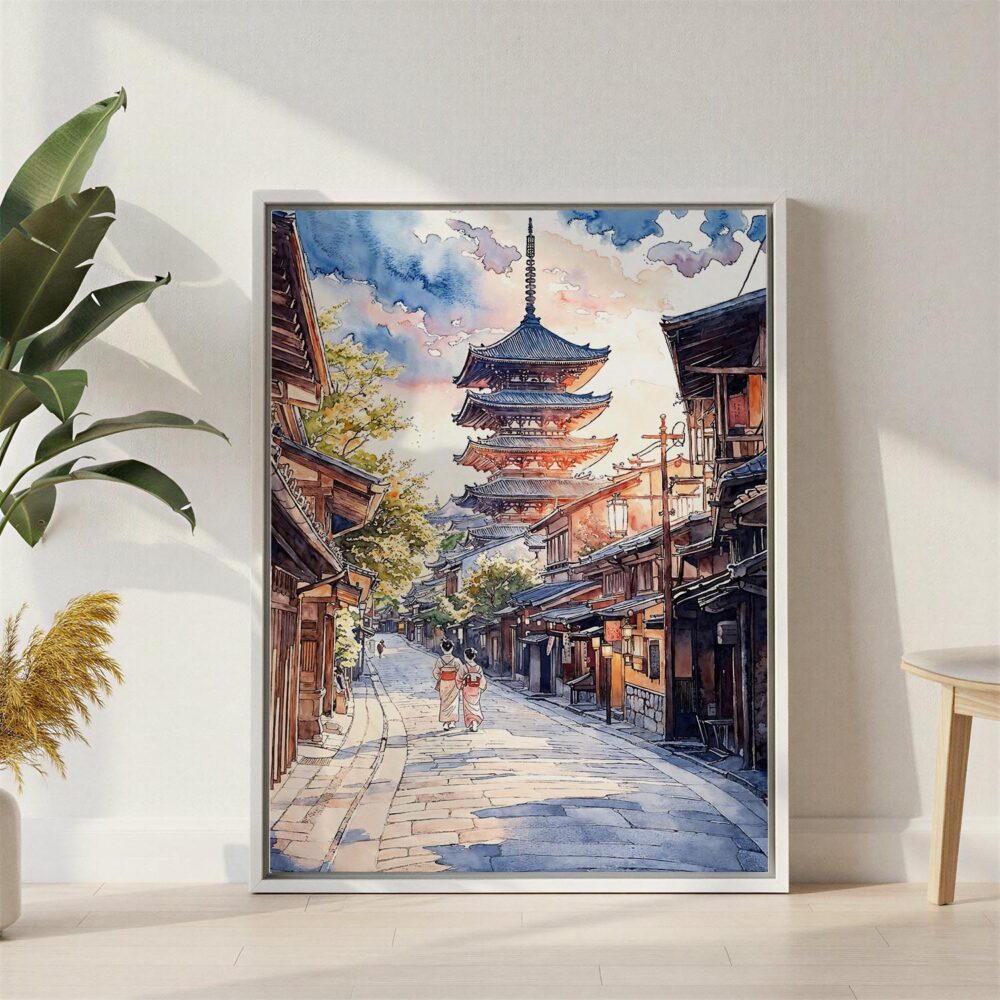 06 - Kyoto Japan - Pagoda - Sunset - Watercolor 2 Canvas Print with White Floater Frame - Standing on Floor - Vertical.jpg 06 - Kyoto Japan - Pagoda - Sunset - Watercolor 2 Canvas Print with White Floater Frame - Standing on Floor - Vertical.jpg
