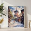 06 - Kyoto Japan - Pagoda - Sunset - Watercolor 2 Canvas Print with White Floater Frame - Standing on Floor - Vertical.jpg
