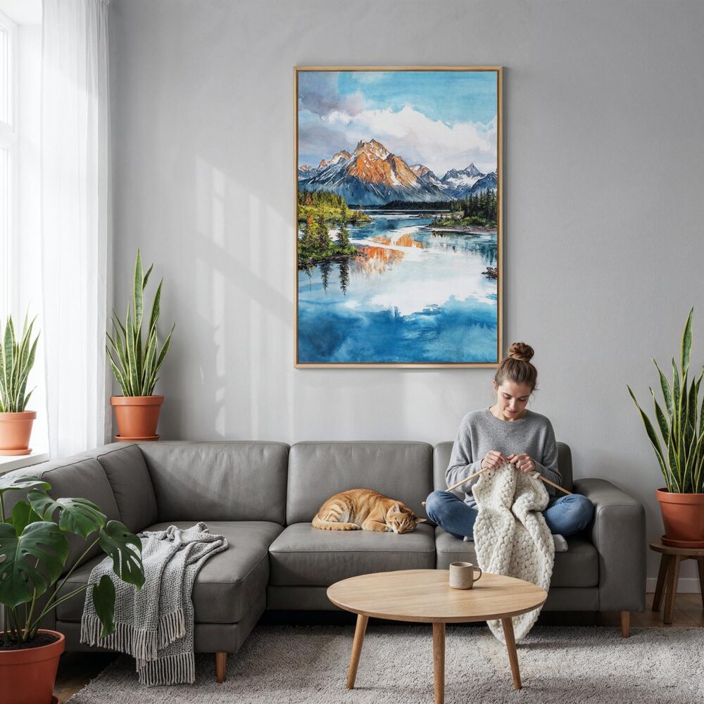 06 - Lake Clark National Park Watercolor Canvas Print with Natural Floater Frame - Woman Knitting on grey couch - Vertical.jpg 06 - Lake Clark National Park Watercolor Canvas Print with Natural Floater Frame - Woman Knitting on grey couch - Vertical.jpg