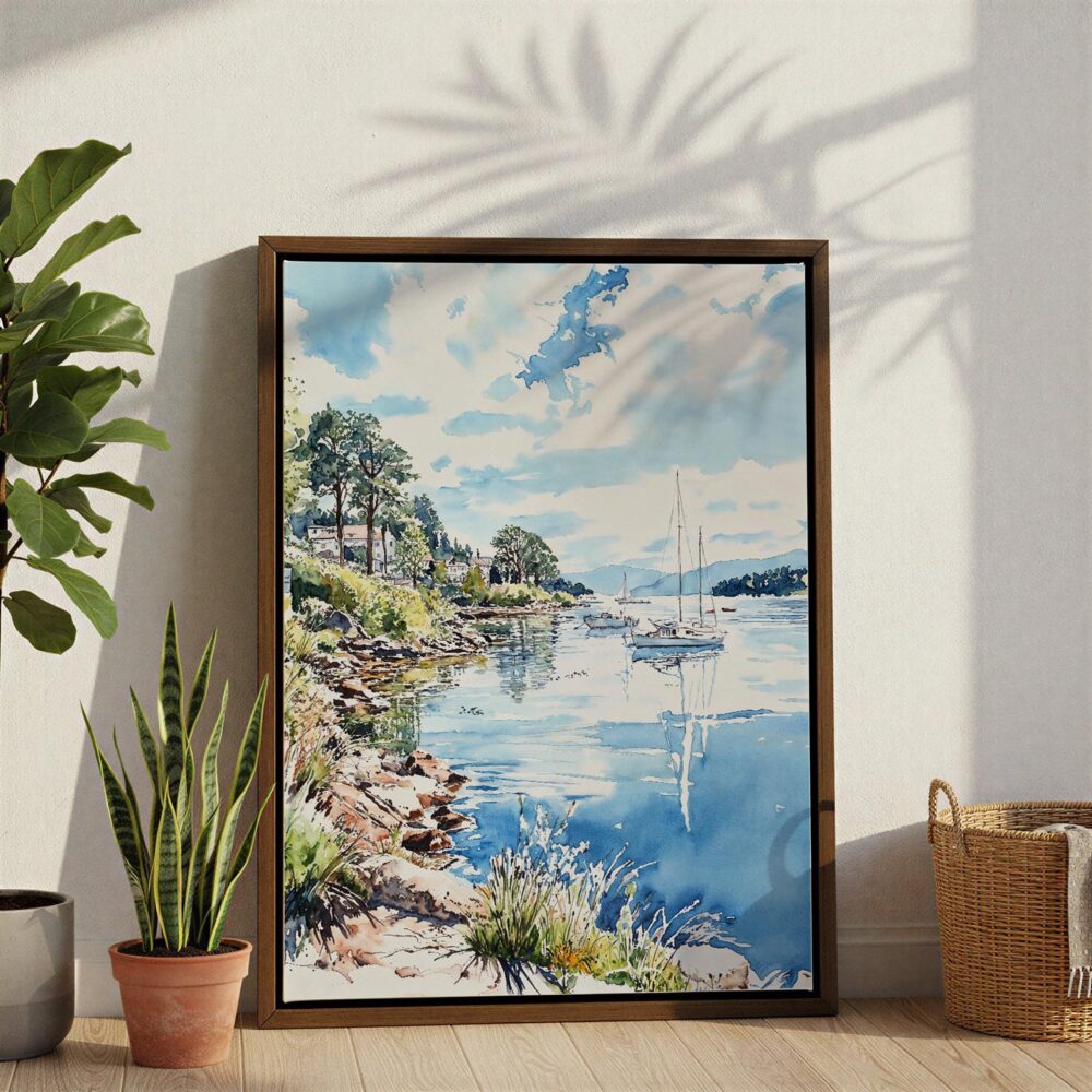 06 - Lake Windermere - Watercolor 3 Canvas Print with Brown Floater Frame - Standing on Floor - Vertical.jpg 06 - Lake Windermere - Watercolor 3 Canvas Print with Brown Floater Frame - Standing on Floor - Vertical.jpg