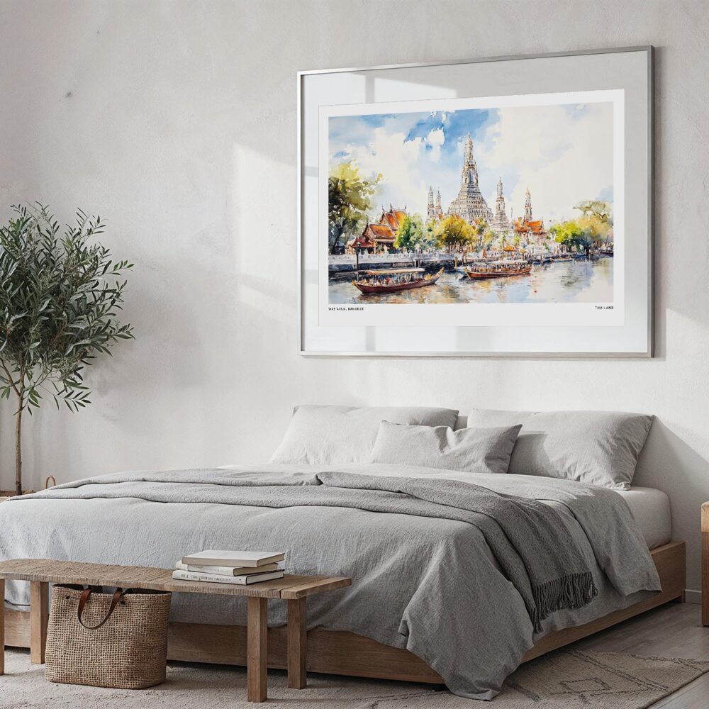 06 - Large Bangkok Wat Arun Temple of Dawn Watercolor - Horizontal Art Print in Bedroom with Silver Metal Frame.jpg 06 - Large Bangkok Wat Arun Temple of Dawn Watercolor - Horizontal Art Print in Bedroom with Silver Metal Frame.jpg