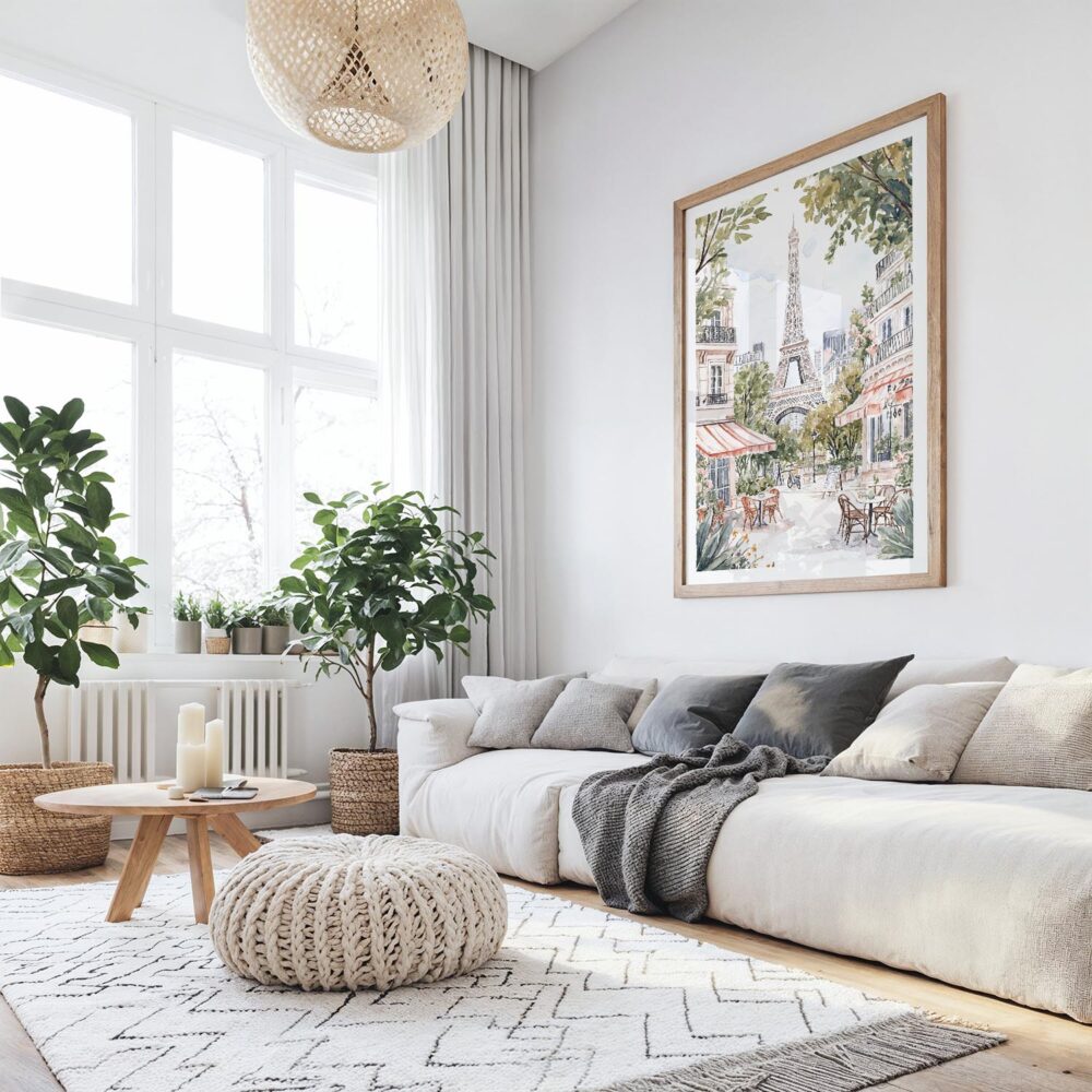 06 - Large Cozy Paris Cafe Streetscene with Eiffel Tower Watercolor@2x Art Print with Wood Frame in Boho Living Room - Vertical.jpg 06 - Large Cozy Paris Cafe Streetscene with Eiffel Tower Watercolor@2x Art Print with Wood Frame in Boho Living Room - Vertical.jpg