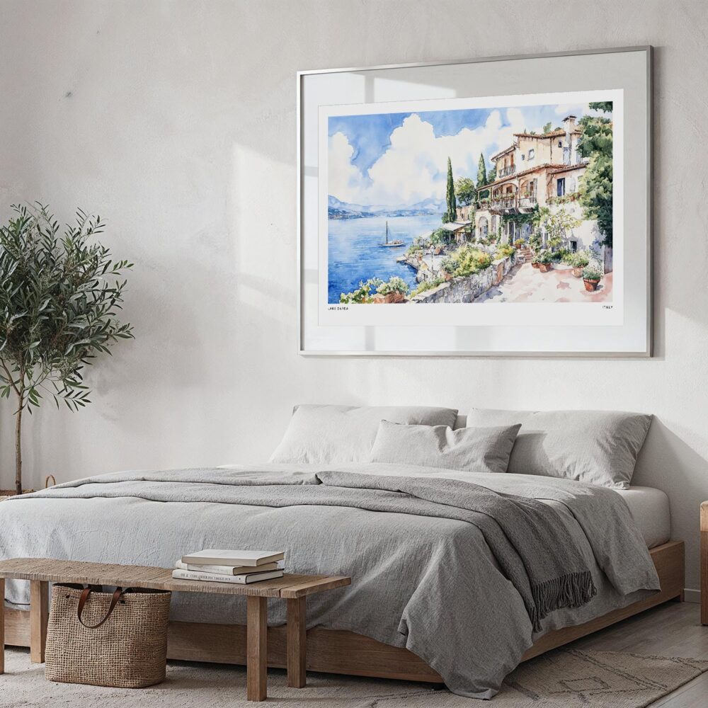 06 - Large House by Lake Garda Watercolor - Horizontal Art Print in Bedroom with Silver Metal Frame.jpg 06 - Large House by Lake Garda Watercolor - Horizontal Art Print in Bedroom with Silver Metal Frame.jpg