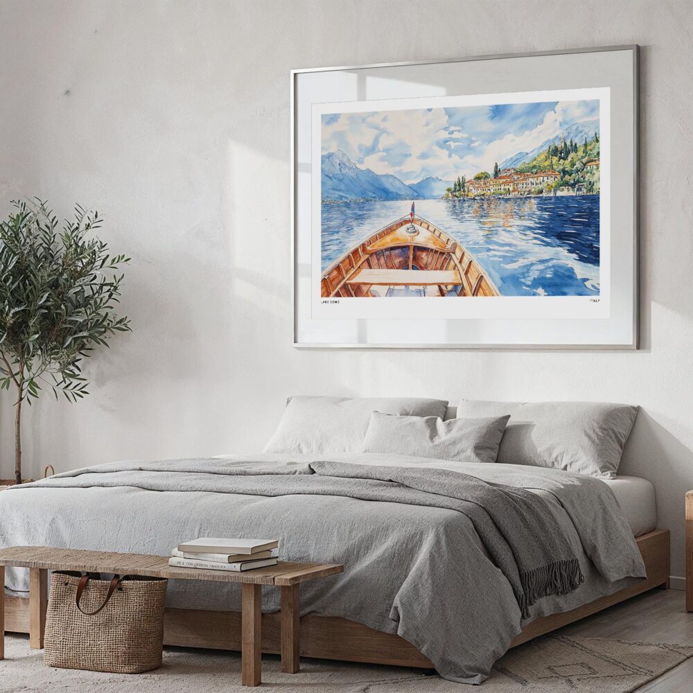 06 - Large Lake Como Watercolor - Horizontal Art Print in Bedroom with Silver Metal Frame.jpg 06 - Large Lake Como Watercolor - Horizontal Art Print in Bedroom with Silver Metal Frame.jpg