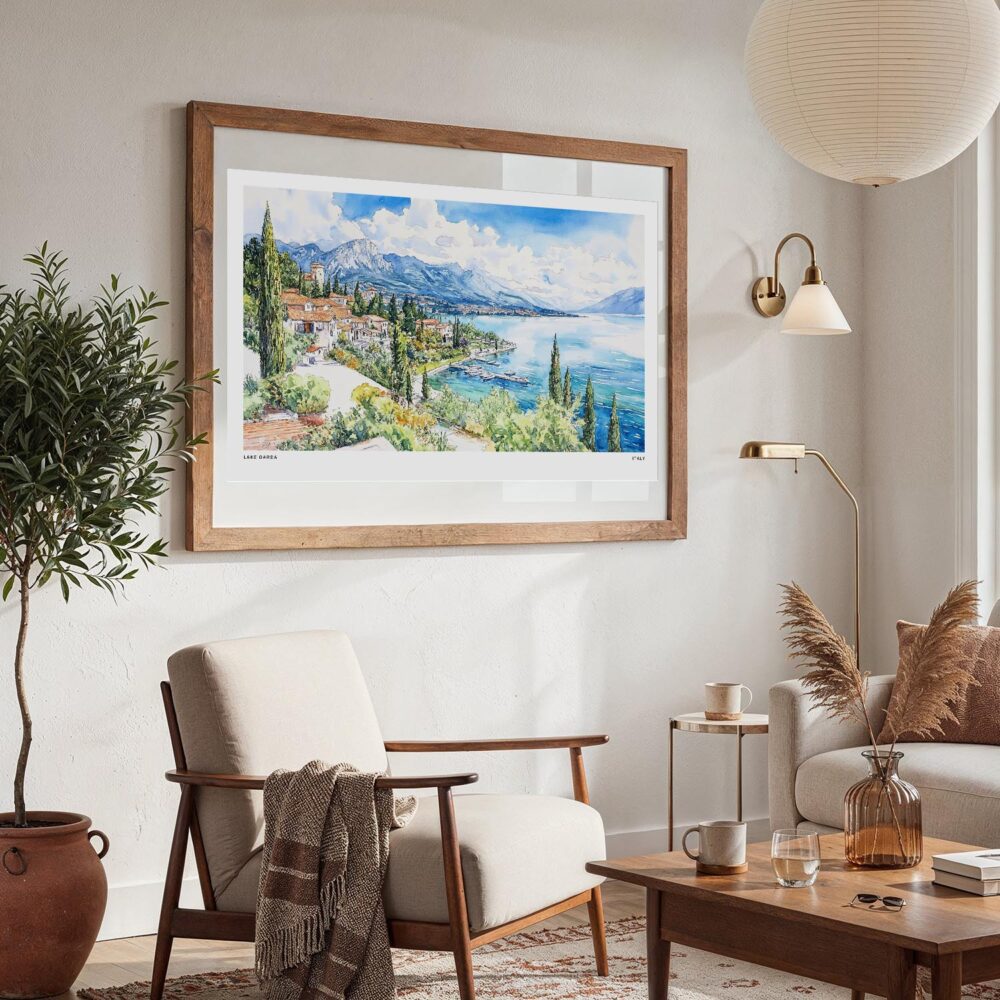 06 - Large Lake Garda in Italy Watercolor - Horizontal Art Print in Boho Living Room with vintage Wood frame.jpg 06 - Large Lake Garda in Italy Watercolor - Horizontal Art Print in Boho Living Room with vintage Wood frame.jpg