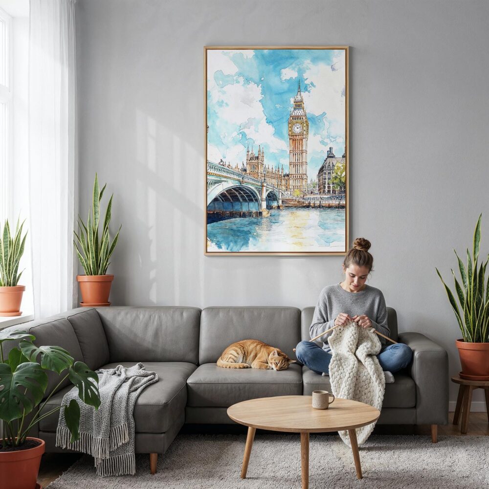 06 - London Big Ben - Watercolor Canvas Print with Natural Floater Frame - Woman Knitting on grey couch - Vertical.jpg 06 - London Big Ben - Watercolor Canvas Print with Natural Floater Frame - Woman Knitting on grey couch - Vertical.jpg