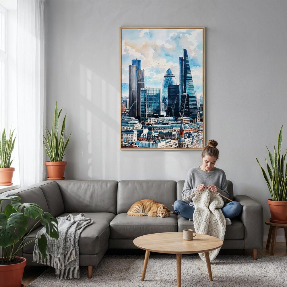 06 - London Business Skyline Watercolor Canvas Print with Natural Floater Frame - Woman Knitting on grey couch - Vertical.jpg 06 - London Business Skyline Watercolor Canvas Print with Natural Floater Frame - Woman Knitting on grey couch - Vertical.jpg