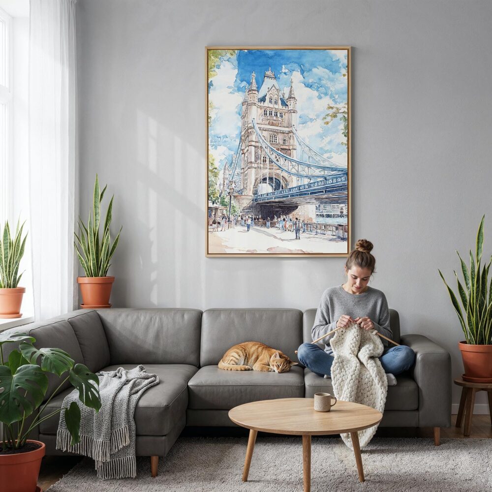 06 - London Tower Bridge - Watercolor Canvas Print with Natural Floater Frame - Woman Knitting on grey couch - Vertical.jpg 06 - London Tower Bridge - Watercolor Canvas Print with Natural Floater Frame - Woman Knitting on grey couch - Vertical.jpg