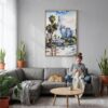 06 - Los Angeles Downtown Watercolor Canvas Print with Natural Floater Frame - Woman Knitting on grey couch - Vertical.jpg