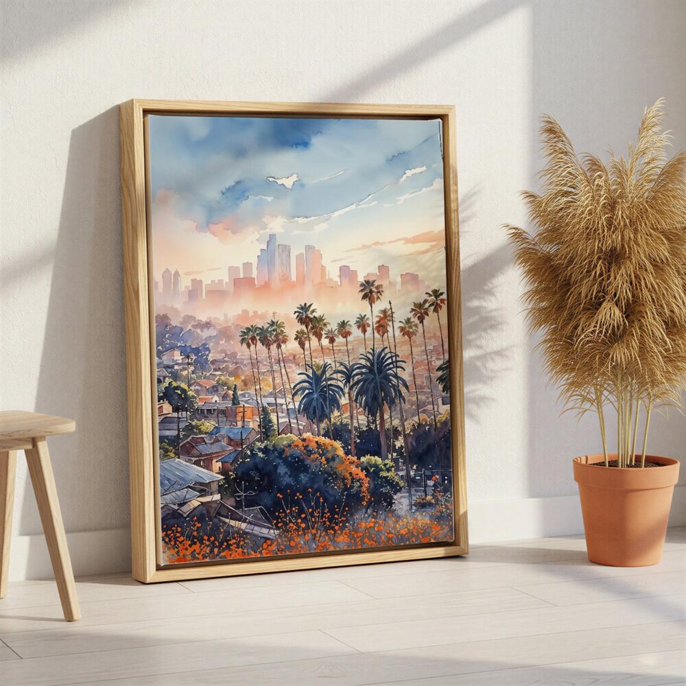 06 - Los Angeles Skyline Watercolor Canvas Print with Natural Floater Frame - Standing on Floor - Vertical.jpg 06 - Los Angeles Skyline Watercolor Canvas Print with Natural Floater Frame - Standing on Floor - Vertical.jpg